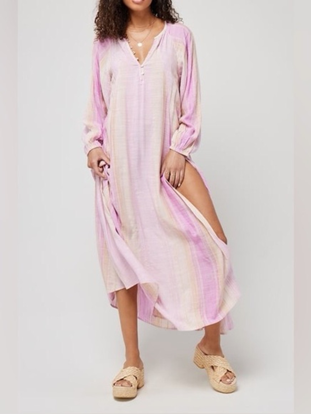 L Space Cassia Striped Purple Cream Tan Lightweight  Long Sleeve Maxi Dress M/L